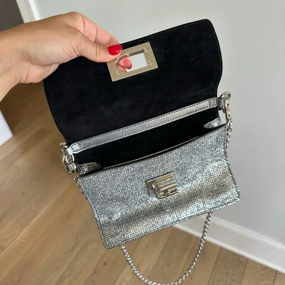 FURLA 1927 Glitter Embellished Chain Strap Mini Crossbody Bag Silver